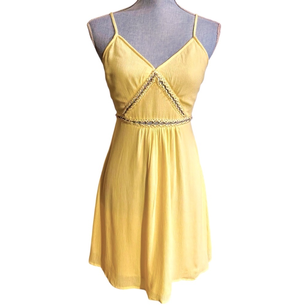 Women’s Yellow Spaghetti Strap Mini Sundress Cutout Accent